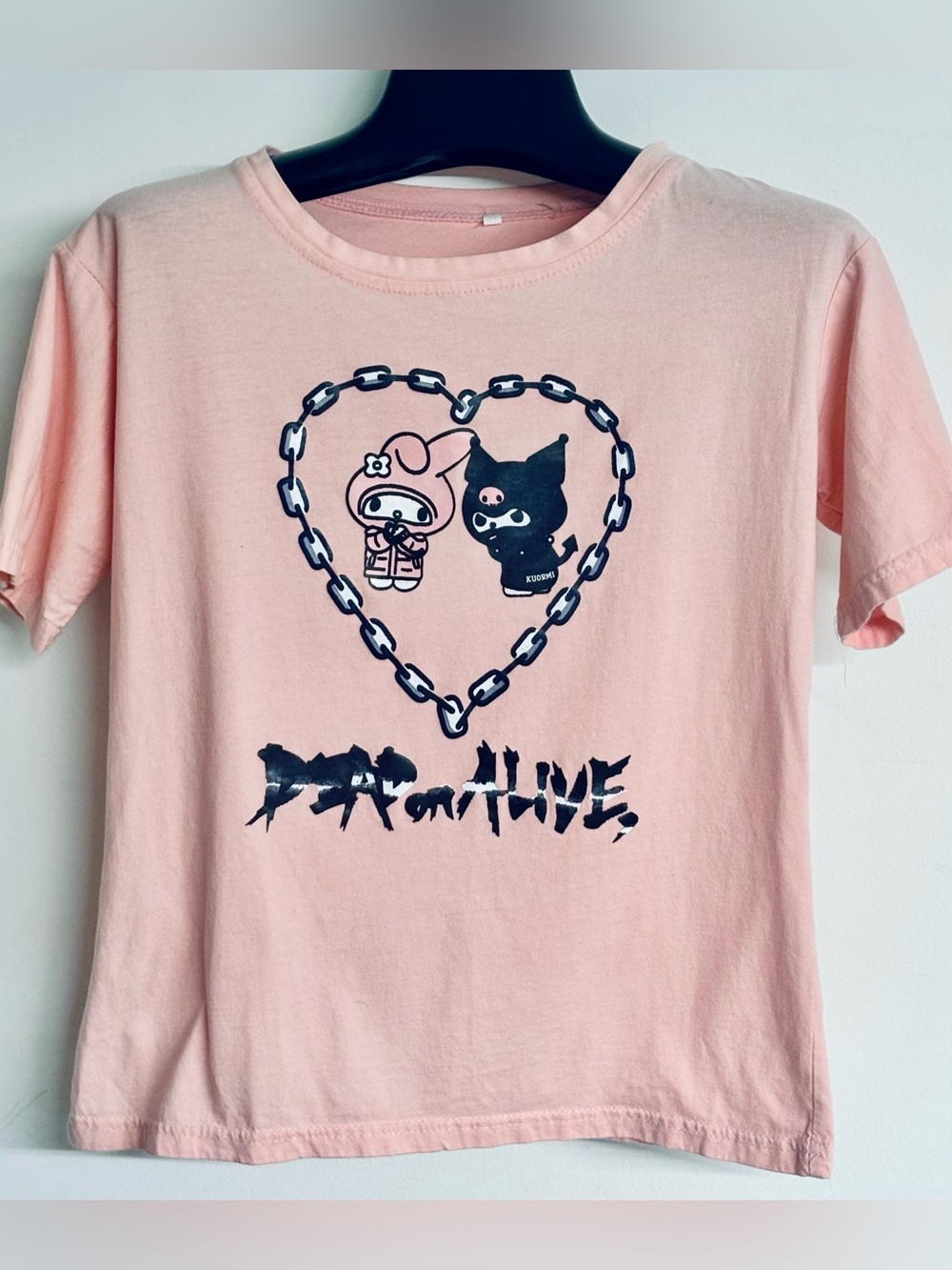 Graphic Tee Pink My Melody and Kuromi with Goth Chain Heart says”Dead or Alive”